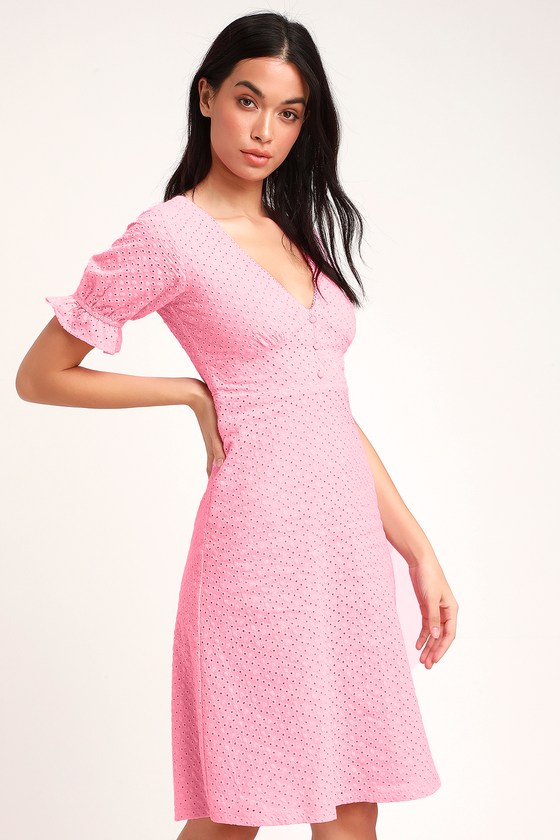 Cute Pink Dress - Eyelet Lace Dress ...